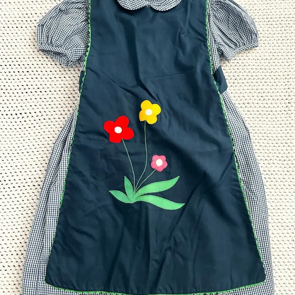 Jayne Copeland Vintage USA Blue Gingham Floral Apron Jumper Toddler Girl Dress 5